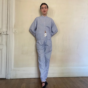 1980s Daniel Hechter blue & white striped set, blouse with pockets, pants with wide cord drawstring / small