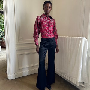 1970s British boutique Bus Stop by Lee Bender black satin pants, high waisted, flare leg / xxs - extra small
