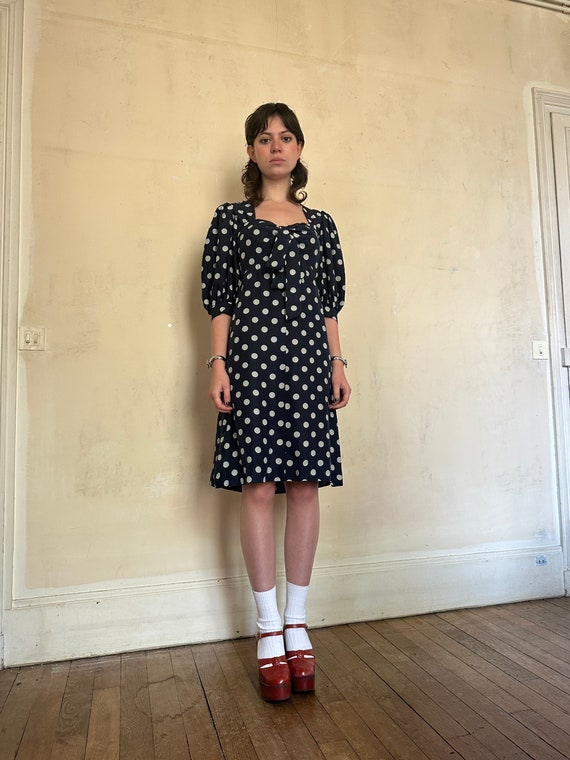 1980s Yves Saint Laurent Rive Gauche Navy & Cream Polka Dots 1980s Yves Saint Laurent Rive Gauche Navy & Cream Polka Dots