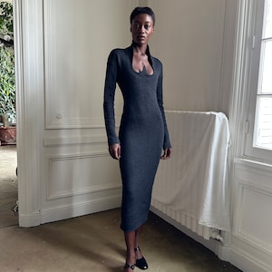 Autumn Winter 1989 Romeo Gigli dress, charcoal grey thick knit, amazing neckline, long sleeves / extra small - small