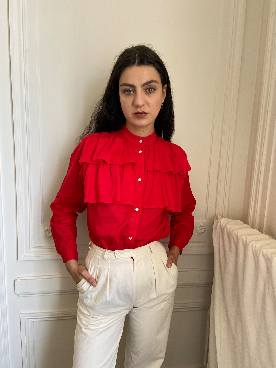 1980s French Made Cotton Bright Red Cotton Blouse Huge Etsy