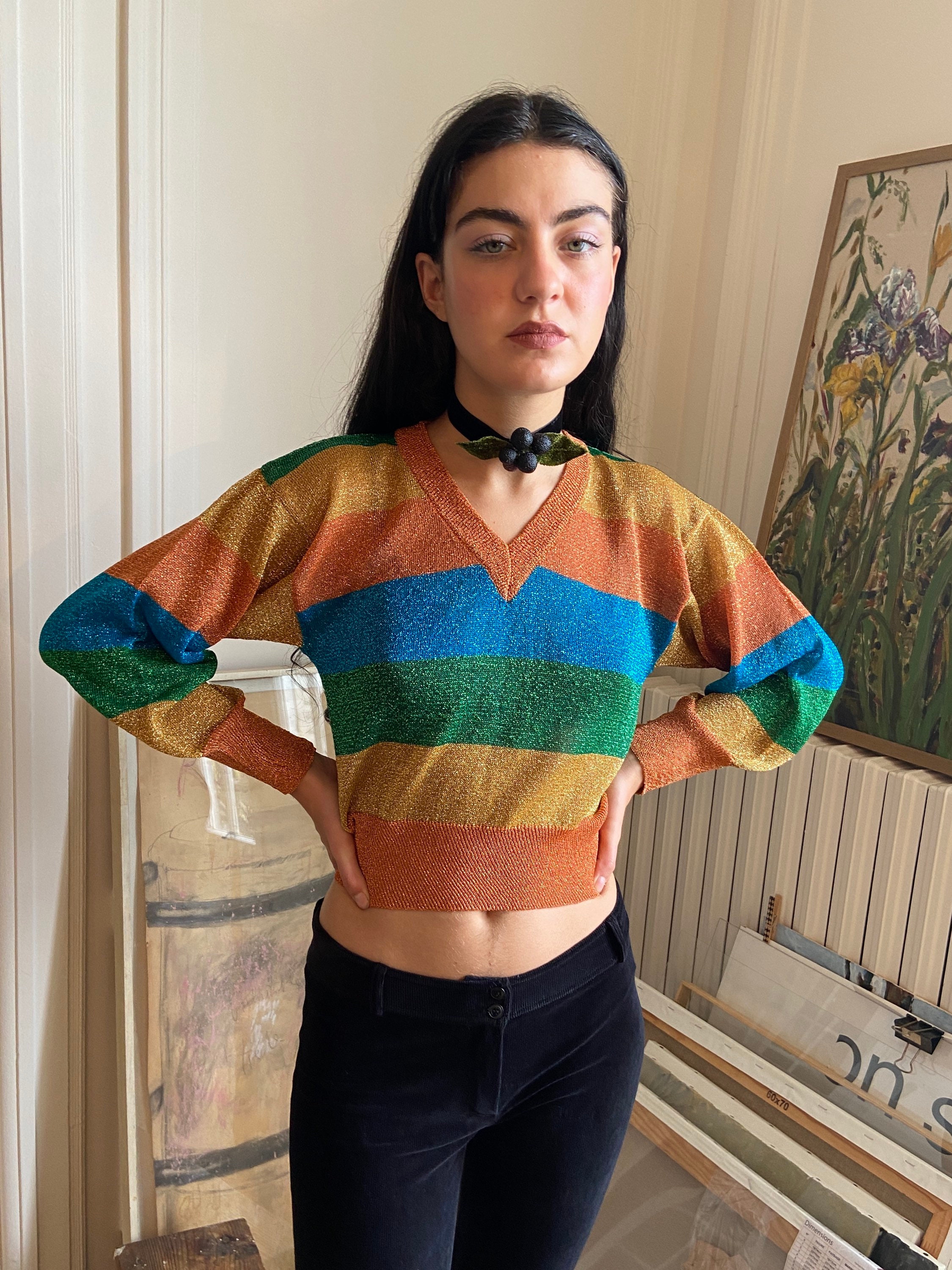 1970s metallic lurex striped sweater italian knit v - Etsy 日本