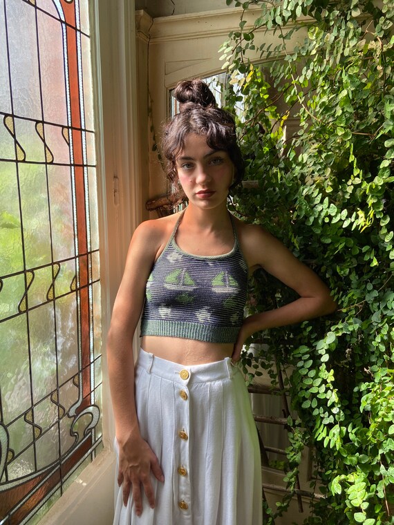 1970s knit halter top, boat & fish intarsia / extr