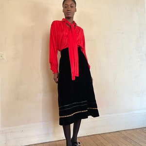 1970s Chloé by Karl Lagerfeld skirt, black silk velvet with trims at bottom