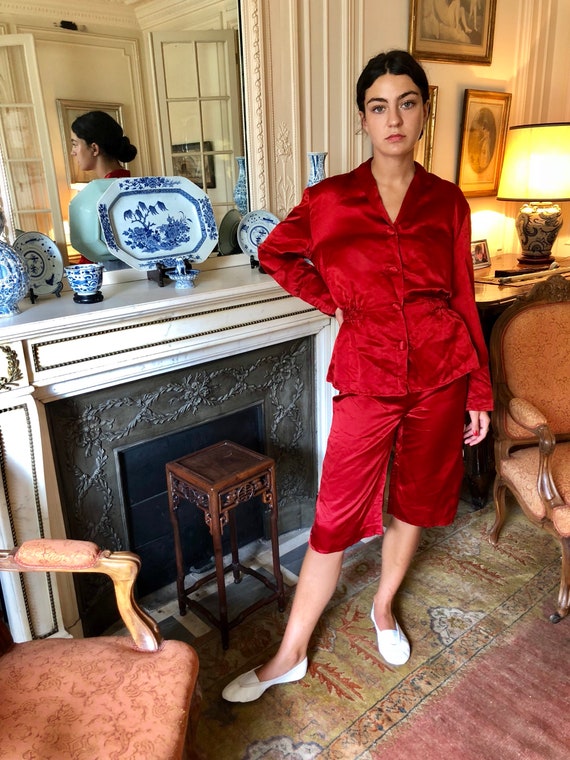 1940s Red Silk Lounge Set, Jacket and Wide Short High Waisted Pants / Small  Medium -  Canada