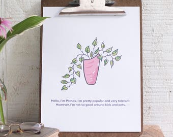 Pothos, Leaves  Plant Print, Botanical Print, Digital Wall Art, Plant Art, Nature Hand Drawn, Instant Download Print, Funny Plant Print