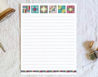 Quilt Squares Downloadable Stationery, Printable Writing Paper, Instant Download Quilt Stationery Template, Letter Paper, Hand Drawn Art