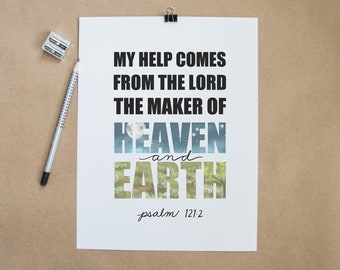 Psalm 121:1, Creation Heaven Earth Bible Verse art, Printable Scripture, Christian Wall Art, Typography Prayer Poster, Bible Verse Quote