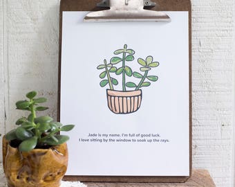 Jade, Succulent Plant Print, Botanical Print, Digital Wall Art, Plant Art, Nature Hand Drawn, Instant Download Print, Funny Plant Print