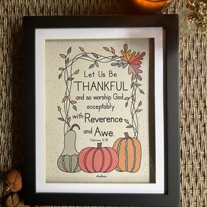 Hebreos 12:28 Seamos agradecidos, cita bíblica, decoración de pared inspiradora para el Día de Acción de Gracias, PDF digital, arte de pared imprimible, arte dibujado a mano