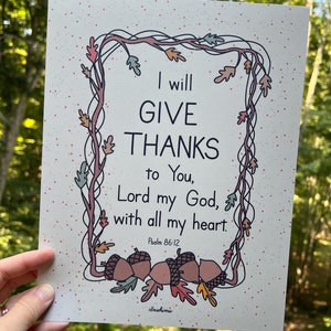 Salmo 86:12 Daré gracias, cita bíblica, decoración de pared inspiradora de Acción de Gracias, PDF digital, arte de pared imprimible, arte dibujado a mano
