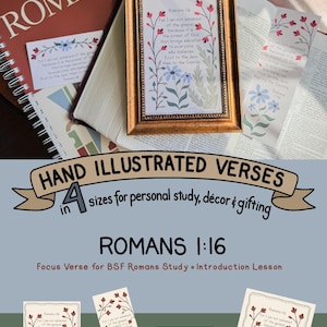 May include: A gold-toned picture frame containing a printed illustration of Romans 1:16 with floral motifs in red, blue, and green. The text reads: For I am not ashamed of the gospel, because it is the power of God that brings salvation.