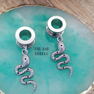Original Steel Tunnel Ear Stretchers/Plugs!! SNAKES!! Silver Stainless Steel Pendants, 10mm Diameter, 4cm Long, The Bad Rebel