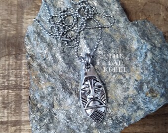 Original Necklace!! MASK!! Ethnic brass face mask pendant silver stainless steel necklace long 48cm The Bad Rebel Collection