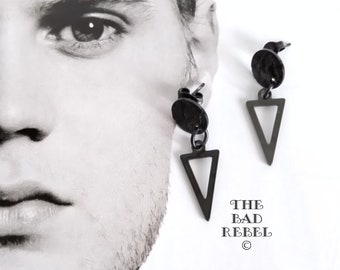 Original Creole Men's Earrings !! INNER TRIANGLE!! Black Stainless Steel Long T 3cm x 1cm The Bad Rebel Dark Fashion Collection