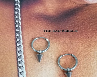 Original Boucle d'oreilles creole Homme !! SPIKE CONE !! Argente Long T 1cm x 2cm The Bad Rebel collection Night Silver