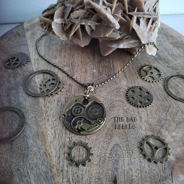 Original Collier Homme Pendentif Steampunk Rouage Chaîne à billes boule en metal bronze  long 43cm The Bad Rebel collection STEAMPUNK!!