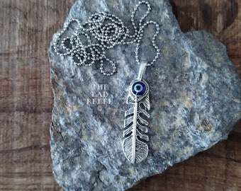 Original Necklace!! EYE FEATHER!! Brass Feather Pendant long necklace in silver stainless steel 48cm The Bad Rebel Collection