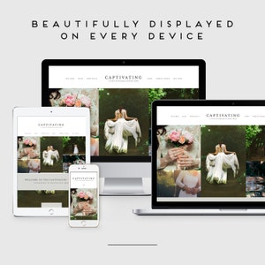 May include: A website design displayed on various devices, including a desktop computer, laptop, tablet, and smartphone. The website features a clean, minimalist design with the word "CAPTIVATING" in the center. The image includes the text "BEAUTIFULLY DISPLAYED ON EVERY DEVICE".