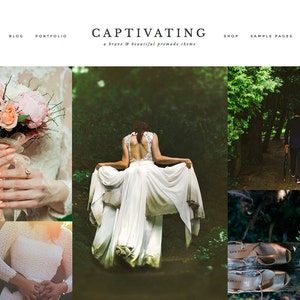 Peut inclure: En-tête de site web avec le mot "CAPTIVATING" en police serif, avec le slogan "a brave & beautiful premade theme". L'image présente un collage de photos liées au mariage, dont une mariée avec un bouquet et un couple se promenant dans une forêt.