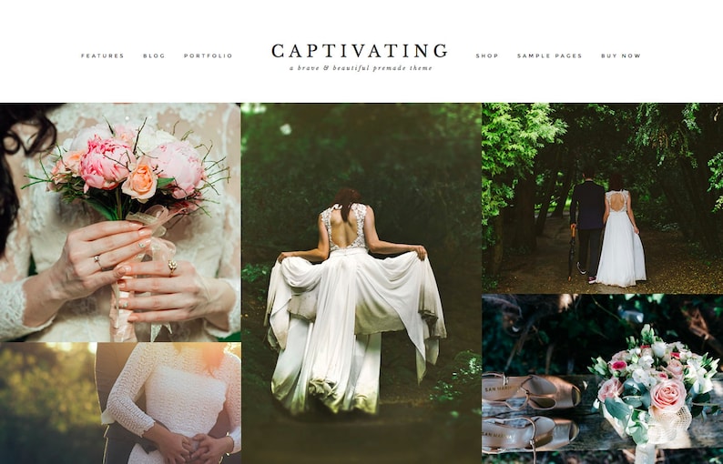 May include: A website header with the word "CAPTIVATING" in a serif font, with the tagline "a brave & beautiful premade theme". The image features a collage of wedding-related photos, including a bride with a bouquet and a couple walking in a forest.