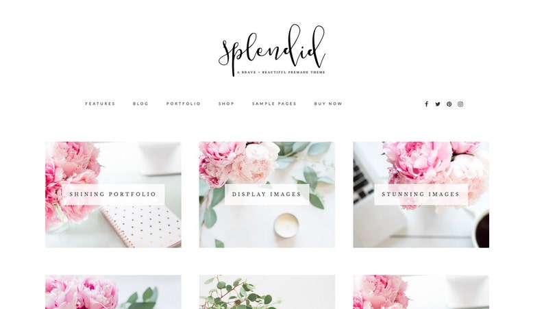 Puede incluir: P&aacute;gina de inicio de un sitio web de blog o portafolio llamado "Splendid". El sitio web presenta un fondo blanco con texto negro e im&aacute;genes de peon&iacute;as rosas. El texto "Shining Portfolio", "Display Images" y "Stunning Images" se muestra en el sitio web.