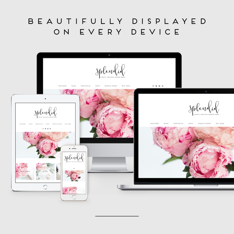 Puede incluir: Una plantilla de dise&ntilde;o de sitio web que muestra un sitio web en una computadora de escritorio, una computadora port&aacute;til, una tableta y un tel&eacute;fono inteligente. El sitio web presenta un fondo floral rosa con el texto "splendid" en una fuente manuscrita.