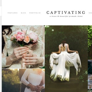 May include: A website design interface with the word "CAPTIVATING" in a stylized font. The page includes a wedding theme with images of a bride holding flowers, a bride in a dress, and a couple walking.