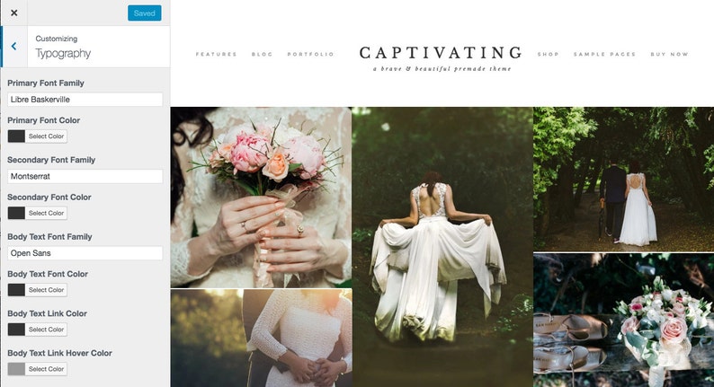 May include: A website design interface with the word "CAPTIVATING" in a stylized font. The page includes a wedding theme with images of a bride holding flowers, a bride in a dress, and a couple walking.