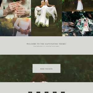 May include: Website design featuring wedding theme elements. The top banner reads "CAPTIVATING" with a tagline. Images include a bride with a bouquet, a couple, and a wedding dress. The site includes a blog link and social media icons.
