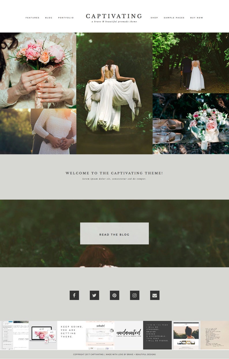 May include: Website design featuring wedding theme elements. The top banner reads "CAPTIVATING" with a tagline. Images include a bride with a bouquet, a couple, and a wedding dress. The site includes a blog link and social media icons.