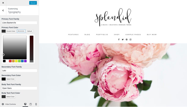 Puede incluir: Una plantilla de dise&ntilde;o de sitio web con la palabra "Splendid" en una fuente manuscrita. El sitio web tiene un fondo blanco con una imagen de flor rosa en el fondo. El sitio web tiene una barra de men&uacute; con las palabras "Caracter&iacute;sticas", "Blog", "Portafolio", "Tienda", "P&aacute;ginas de muestra" y "Comprar ahora".