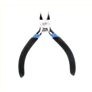 May include: Bead Smith flush cutter pliers with black cushioned handles and blue accents. The pliers have a silver metal finish and a spring mechanism. The cutting edges are angled and sharp, designed for precision cutting of wire and other materials.