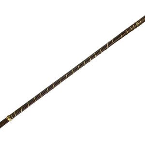 May include: A long, thin, dark brown saw blade with small teeth along one edge. The blade is wrapped with gold-coloured wire at intervals, creating a decorative and functional design. The saw blade is isolated on a white background.