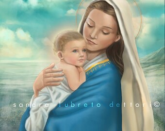 Catholic Art, Virgin Mary with Child Jesus, religious art, 8x 10" religious print, a perfect religious gift idea