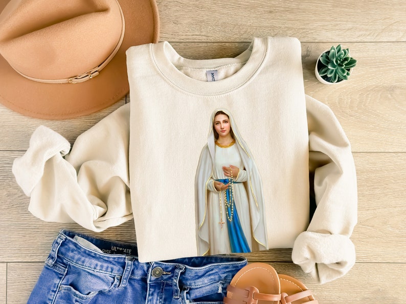 Virgin Mary sweatshirt, Our Lady of the Rosary, Ora pro Nobis, Unisex Heavy Blend™ Crewneck Sweatshirt image 4