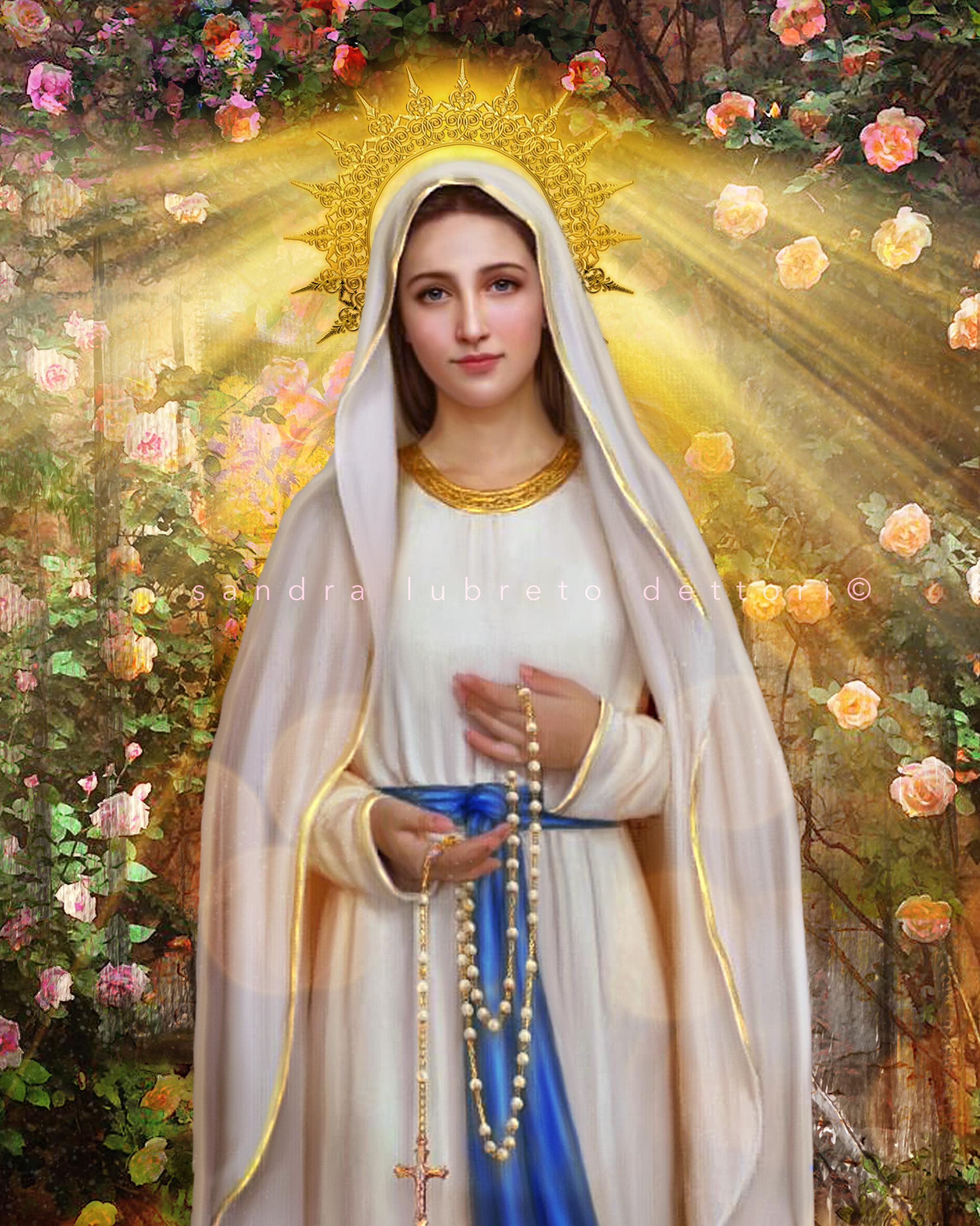 Floryden Onze-Lieve-Vrouw van Genade, Gezegende Maagd Moeder Maria, standbeeld van katholiek religieus 35,8 cm gekleurd harsbeeld voor tuin, buiten, terras, begraafplaats grafsteen (Monther Mary