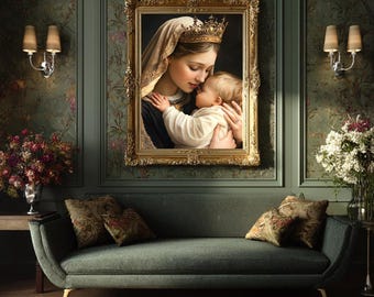 祝福を与える聖母マリアと幼子イエスのカトリック絵画プリント - 額装