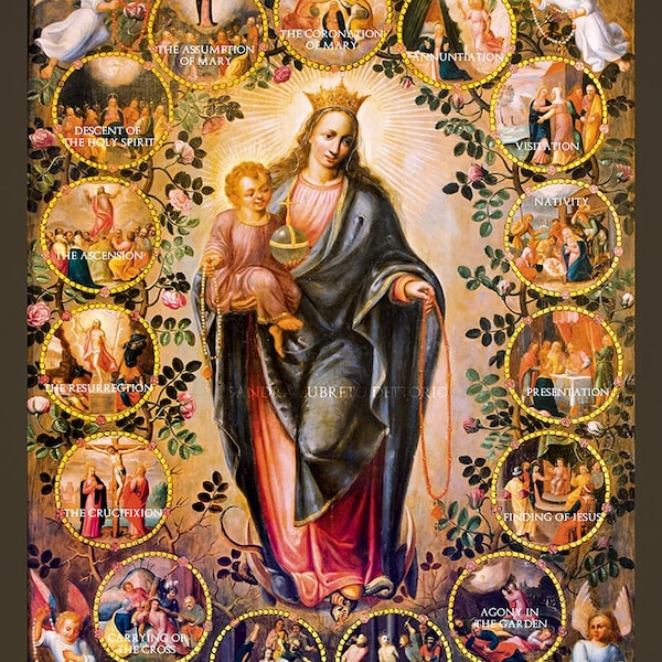 Our Lady of the Rosary, 15 Mysteries of the Rosary, Catholic Art, Religious Art, Print by Sandra Lubreto Dettori