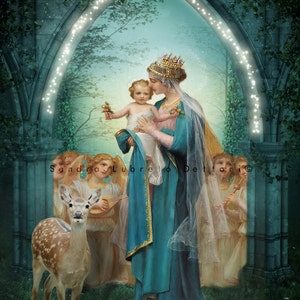 SALE!!! 16X20" Large Print in glossy finish. Our Lady of the Angels with lights, Catholic Art Print, Virgin Mary print