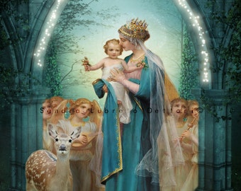 SALE!!! 16X20" Large Print in glossy finish. Our Lady of the Angels with lights, Catholic Art Print, Virgin Mary print