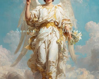 May include: A digital painting of an angel in white and gold robes, standing on clouds. The angel has large white wings and is holding flowers. The text "Sandra Dettori" is visible in the lower left corner. The background is a blue sky.