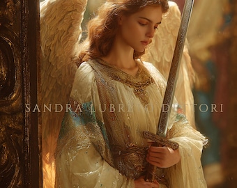 May include: A digital art print of an angel with large feathered wings, holding a sword. The angel wears a cream-colored gown with gold accents. The image has a soft, ethereal quality, with the text "SANDRA LUBRANO DETTORI" visible.