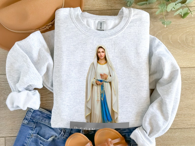Virgin Mary sweatshirt, Our Lady of the Rosary, Ora pro Nobis, Unisex Heavy Blend™ Crewneck Sweatshirt image 1