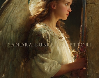 May include: A digital art print of a woman with long, wavy auburn hair and large feathered wings. She wears a white dress and holds a sword. The artwork is signed "SANDRA LUBRE D DETTORI".