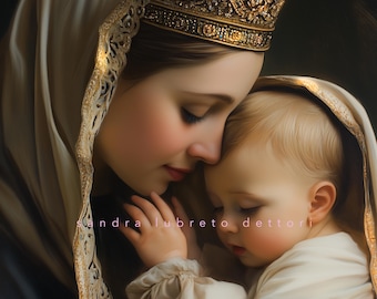 祝福を与える聖母マリアと幼子イエスのカトリック絵画プリント - 額装