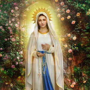 Madonna del Rosario, Madonna delle Rose, Arte Cattolica, Arte Religiosa, Stampa di Sandra Lubreto Dettori