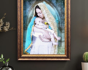 Catholic art, Virgin Mary with Child Jesus, religious art, 8x 10" religious print, a perfect religious gift idea.