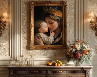 祝福を与える聖母マリアと幼子イエスのカトリック絵画プリント - 額装