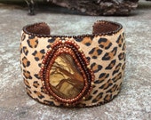 Biggs Jasper Cuff - African Sunset - Bead Embroidery Statement Bracelet - Gemstone Cuff - Leopard Print Ultra Suede - Trending Style